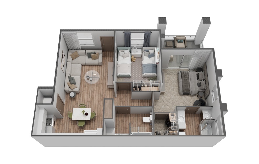 D - 2 bedroom floorplan layout with 2 baths and 925 square feet. (3D)