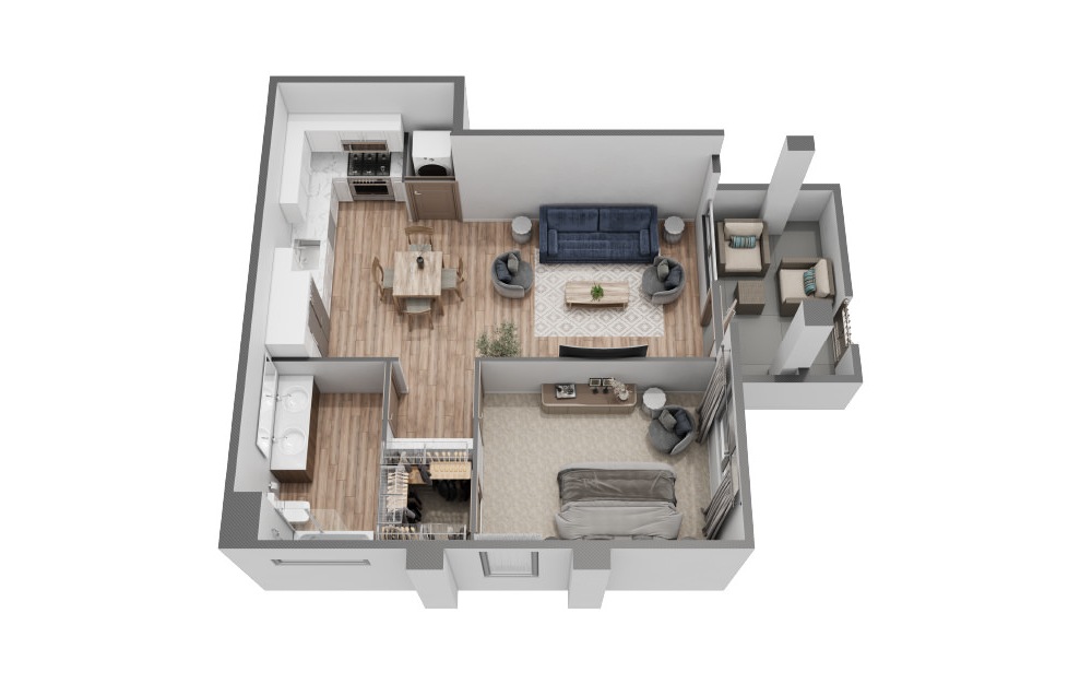 A - 1 bedroom floorplan layout with 1 bath and 658 square feet. (3D)