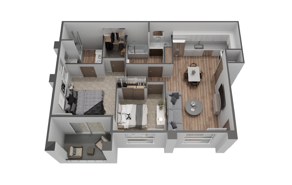 C - 2 bedroom floorplan layout with 2 baths and 901 square feet. (3D)